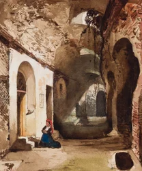 Vrouw die bidt bij gewelfd heiligdom in het amfitheater van Pozzuoli, met toevoegingen door prinses Maria Annunziata di Borbone (1843-1871)